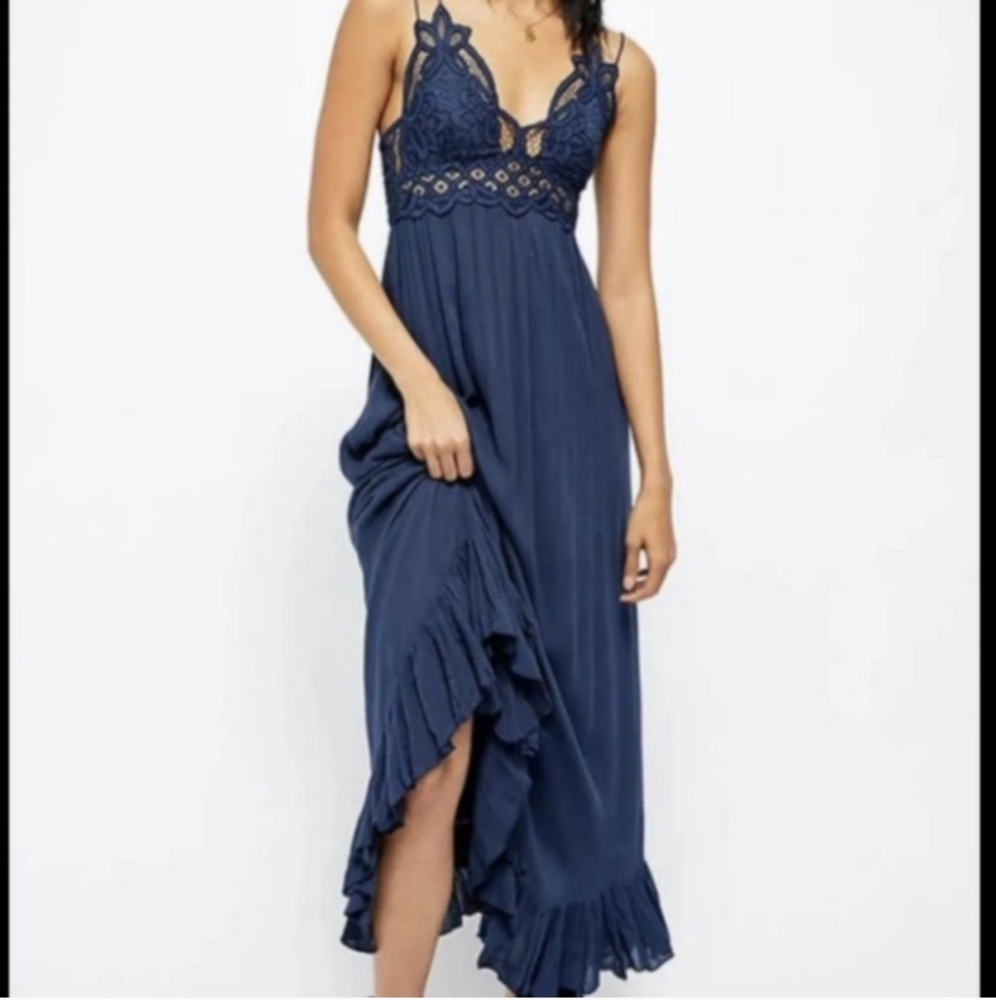 Free People S/P Adella Boho Maxi Dress Navy Blue Adjustable Straps